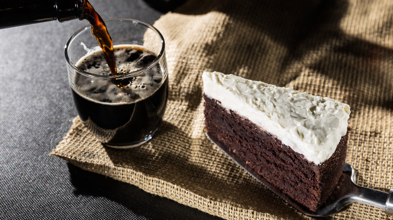 Slice of chocolate cake with stout beer