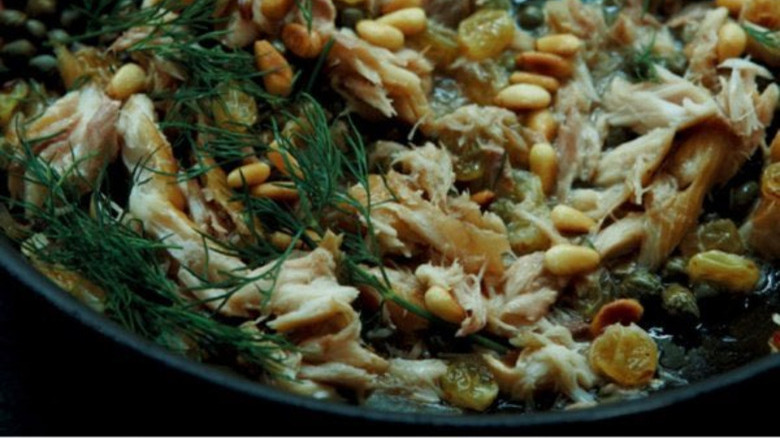 Lawson's pasta with mackerel, marsala, and pine nuts