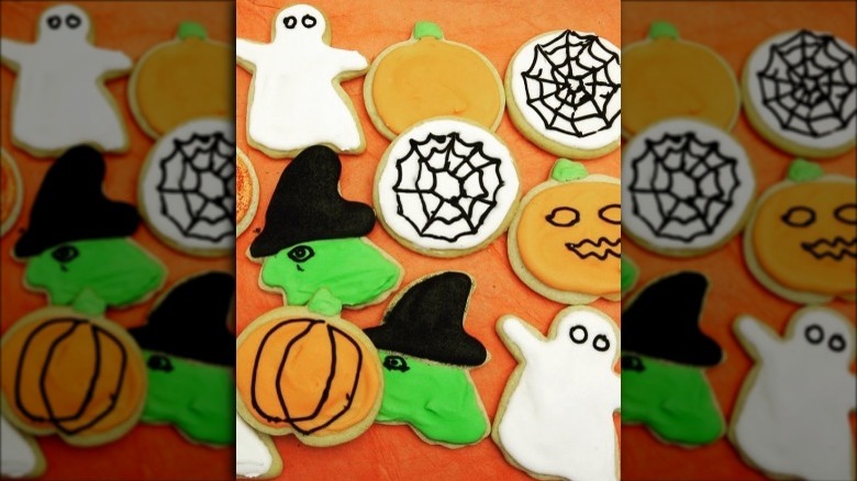 Ghost, witch, pumpkin, and web cookies