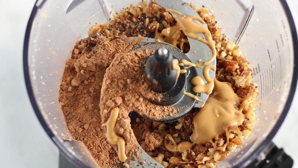 chia seeds, peanut butter and cocoa in food processor