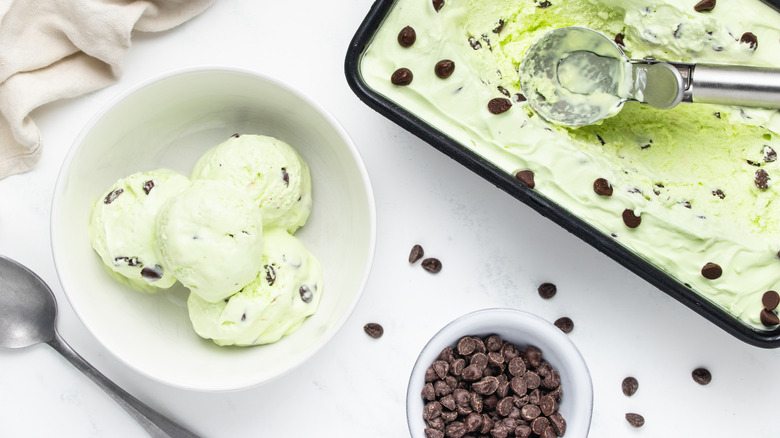 Mint chocolate chip ice cream in loaf pan and bowl