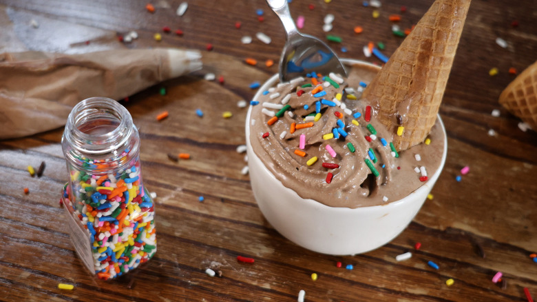 bowl of chocolate soft serve with sprinkles