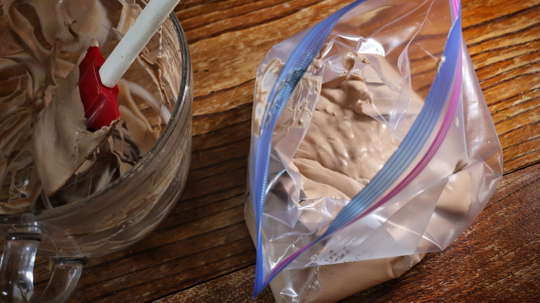 zip-top bag full od chocolate soft serve mix