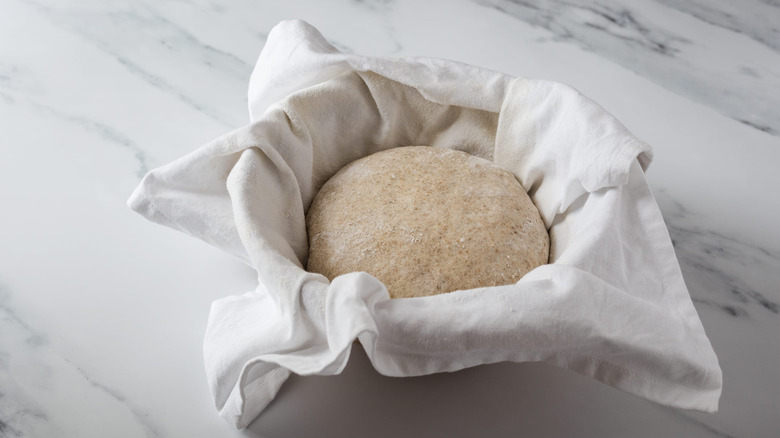 dough risen in bowl with towel