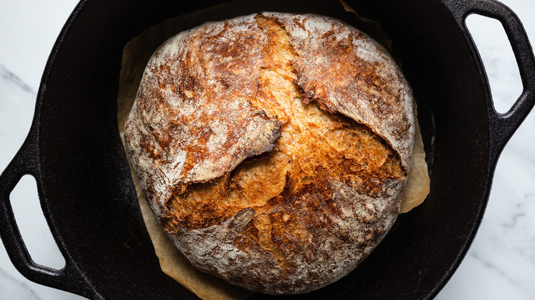 baked bread loaf in dutch oven