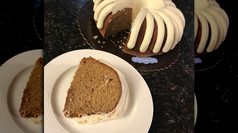 A slice of salted caramel cake from Nothing Bundt Cakes