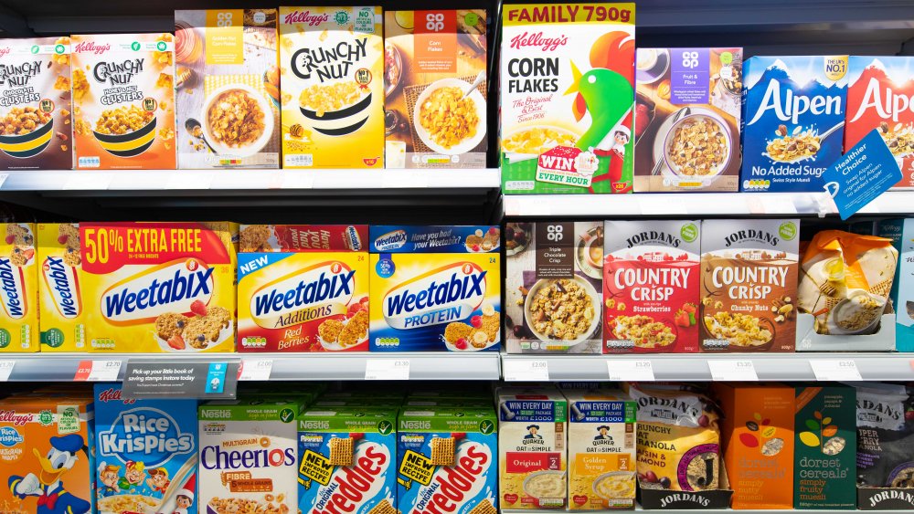 Store shelf of boxed cereals 