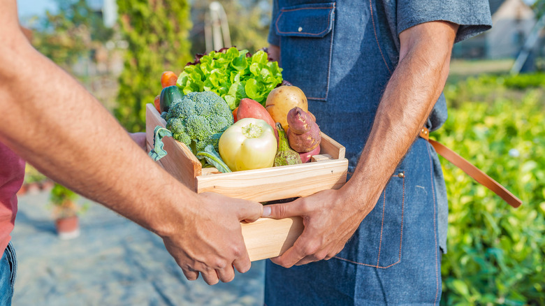 Handing over a crate of veggies