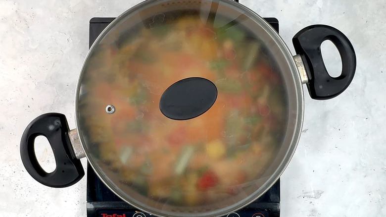 okra, chickpea, potato coconut curry in covered pan