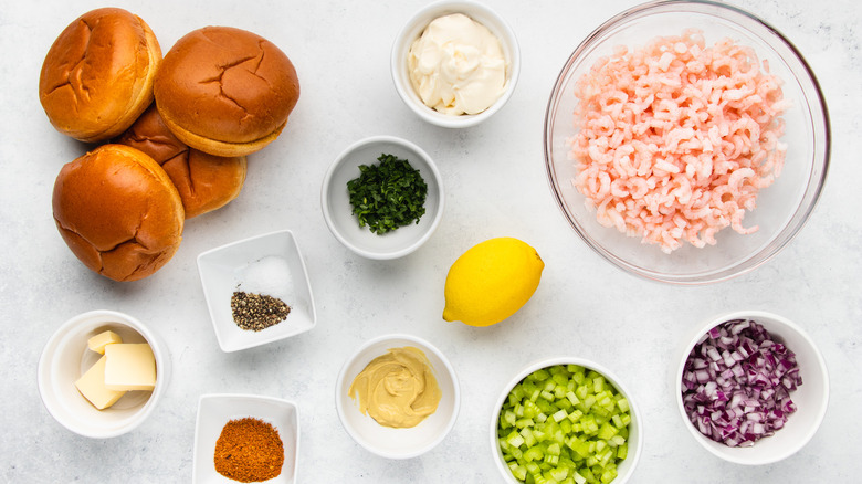 Old Bay shrimp salad sandwich ingredients laid out