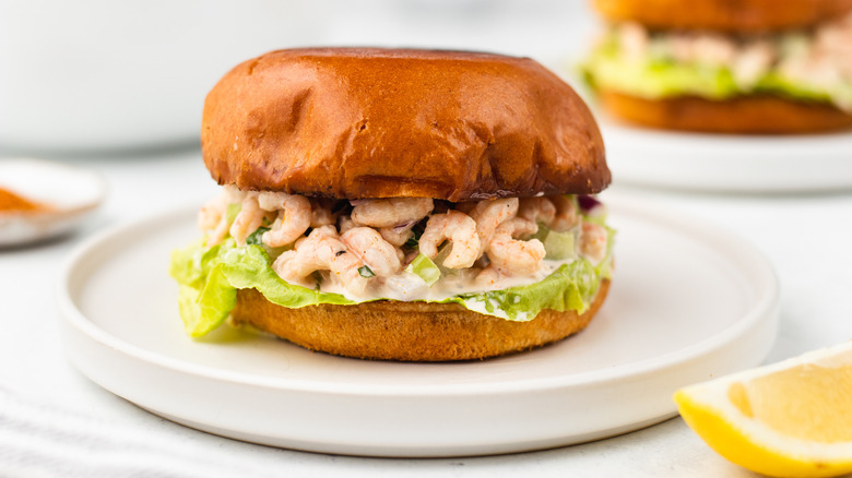 Old Bay shrimp salad sandwich on plate