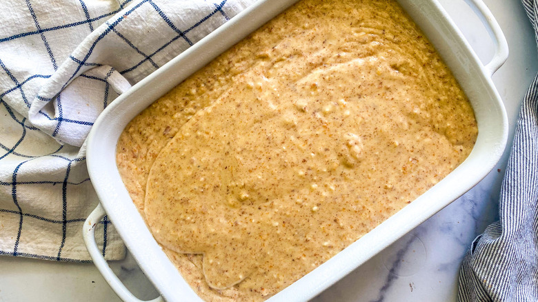 batter in a baking dish 