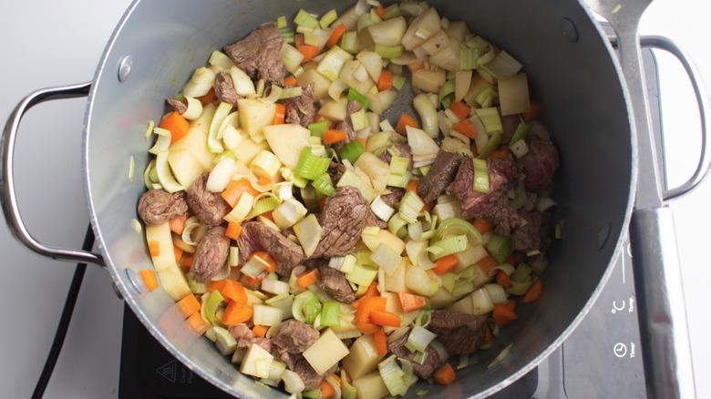 Vegetables and beef cooking in a pot