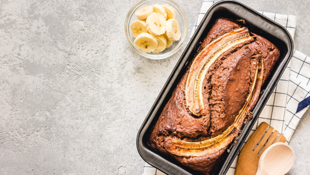 banana bread with sliced banana half on top