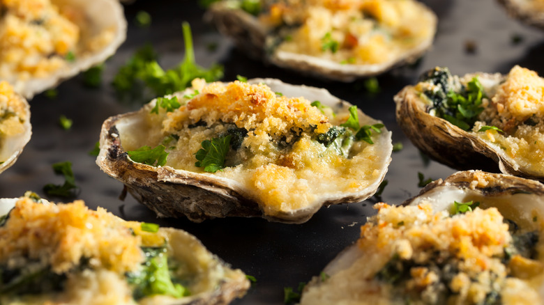 close up of baked Oysters Rockefeller 