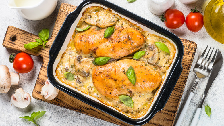 chicken marsala in a baking dish