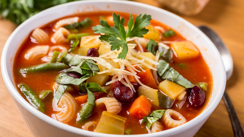 Close-up of minestrone soup