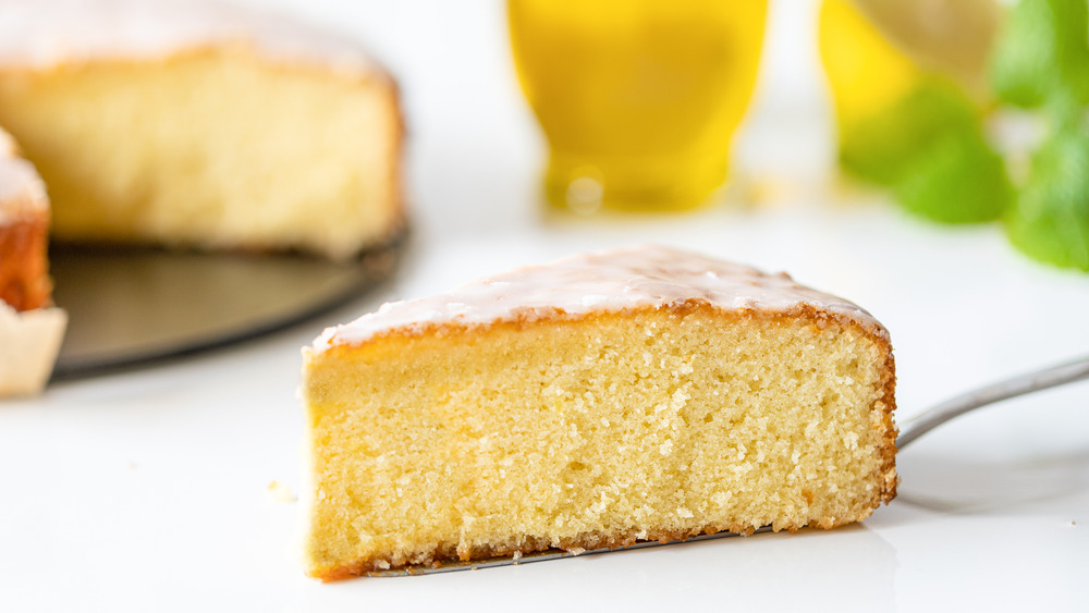 Slice of olive oil cake on table