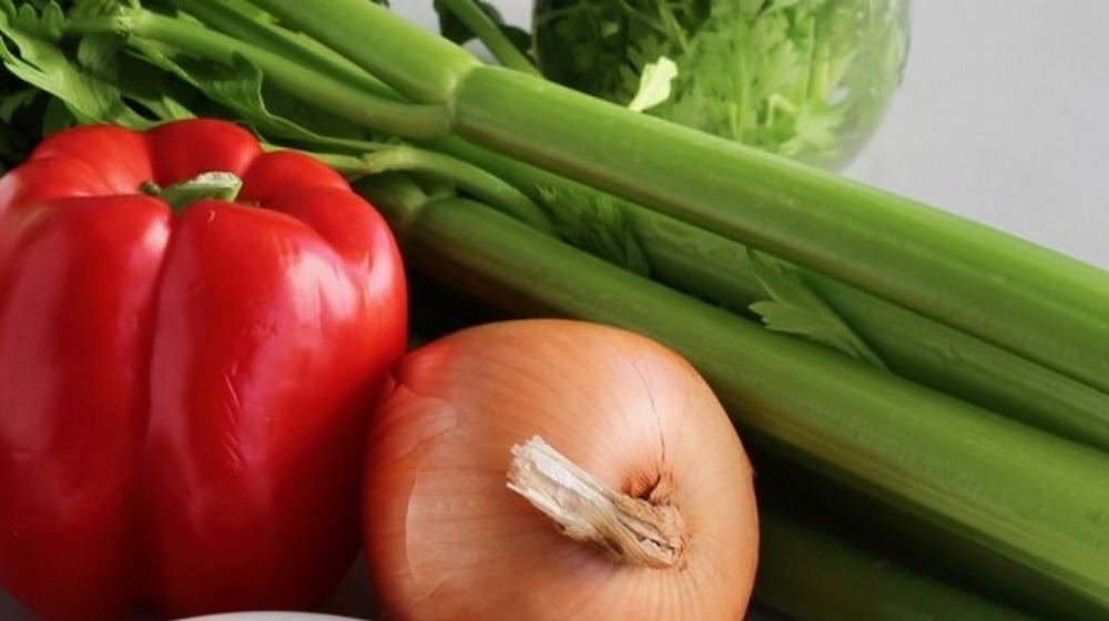 Celery, pepper, and onion for one-pot jambalaya