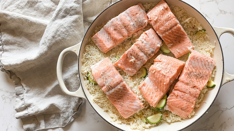 cooked salmon on rice