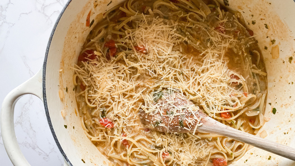 Pot of noodles with Parmesan on top