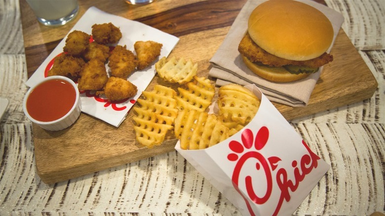 Chick-fil-A nuggets, waffle fries, and sandwich