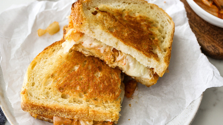 kimchi grilled cheese on parchment