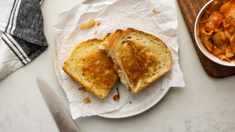 halved grilled cheese on plate