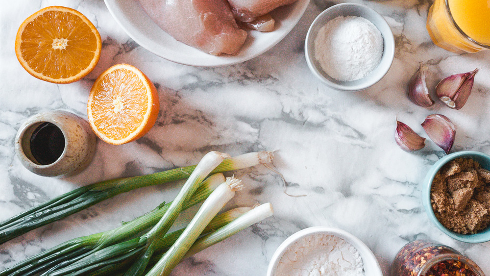 Orange chicken ingredients placed on table