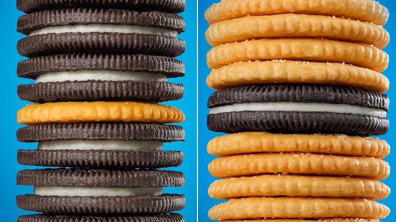 Split image of stacks of Oreo cookies and Ritz crackers