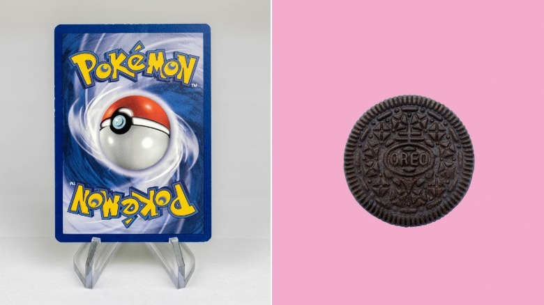 A spilt image of an Oreo biscuit and a Pokémon card