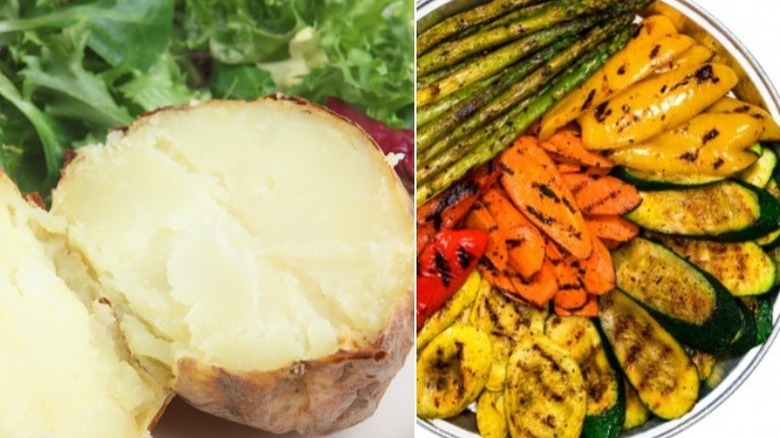 baked potato, salad, and vegetables