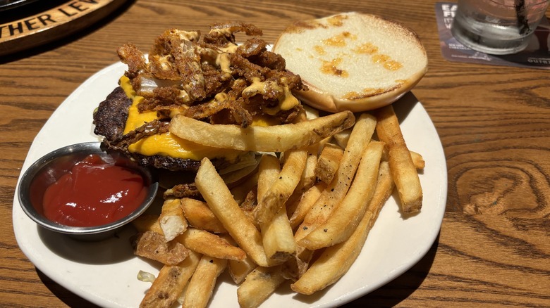 burger with bloomin onion petals