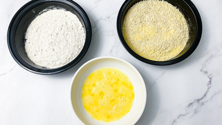 flour, egg, and breading for oven fried catfish nuggest