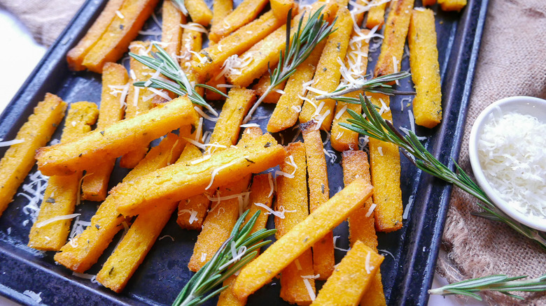 polenta fries on baking sheet 