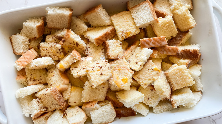 cubed bread with egg