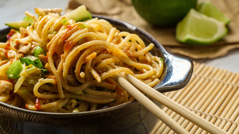 japanese long noodles in bowl