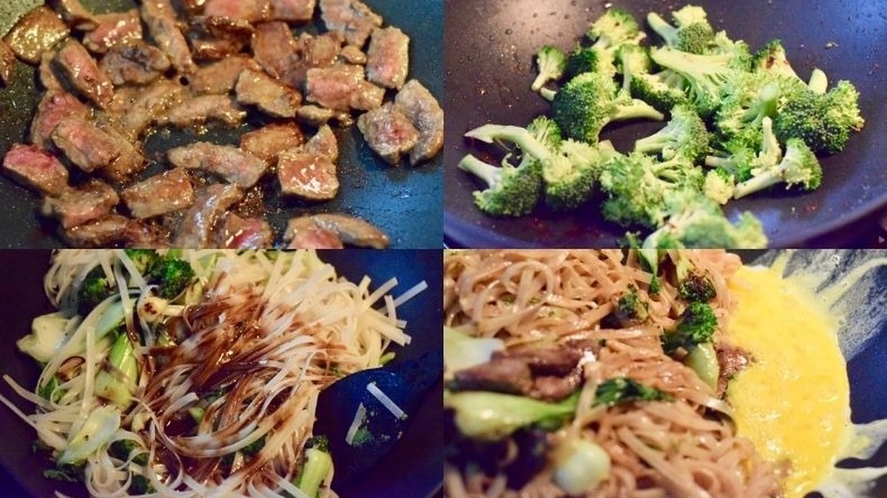 flank steak, broccoli, noodles and eggs in a wok