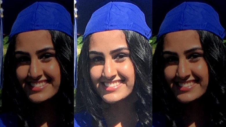 Closeup image of Nafiah Fatima in graduation cap and gown