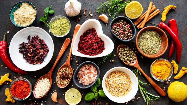 various spices in bowls