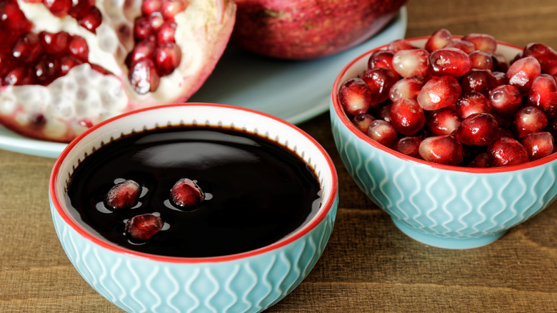 Pomegranate molasses in a blue bowl