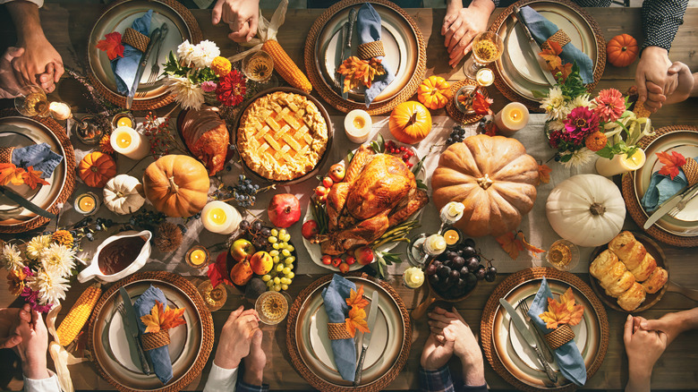 Thanksgiving table full of food