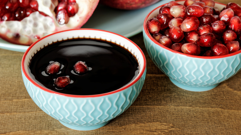 Pomegranate molasses in a blue bowl