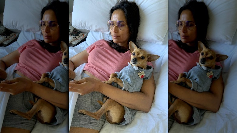 Padma Lakshmi laying with her dog in bed