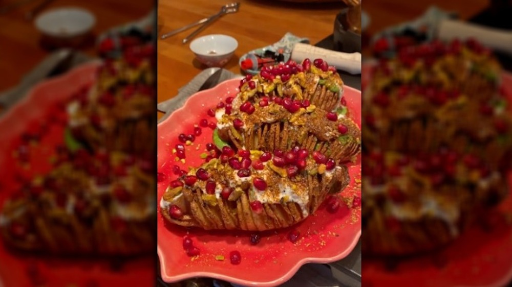 Chaat hasselback potato made by Padma Lakshmi