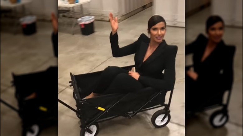 Padma Lakshmi rides onto set