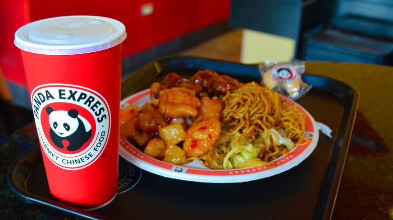 Panda Express chicken, noodles, and drink