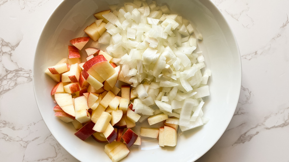 diced onion and apple in bowl