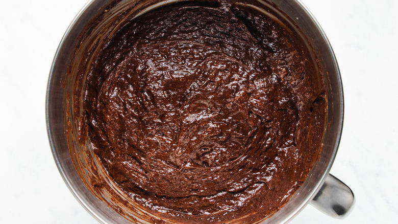 chocolate cake batter in bowl