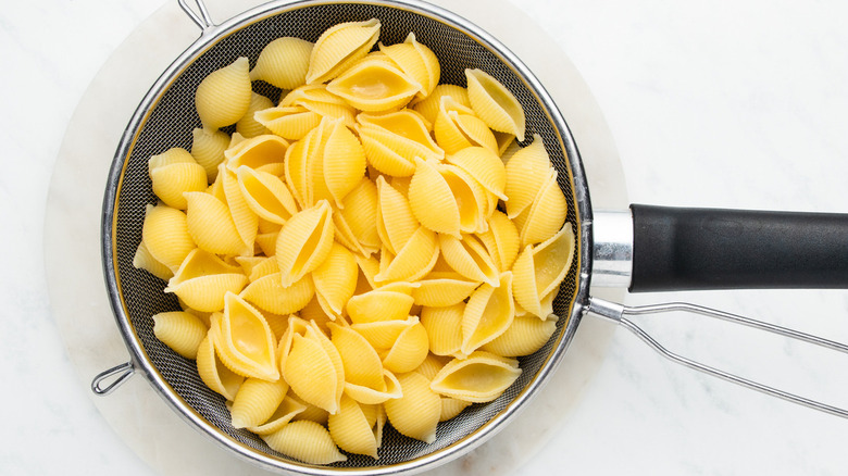 cooked pasta shells in strainer